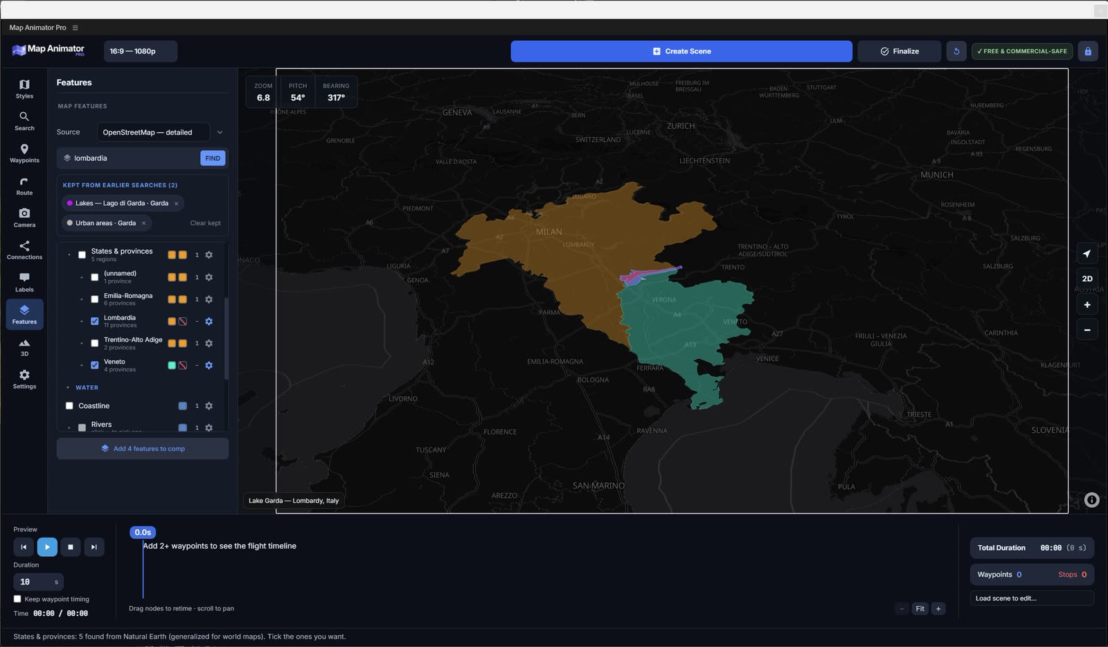 Regions picked in the Features panel and highlighted on the map