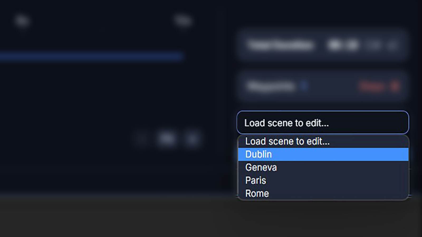 The scene list open at the bottom of the panel
